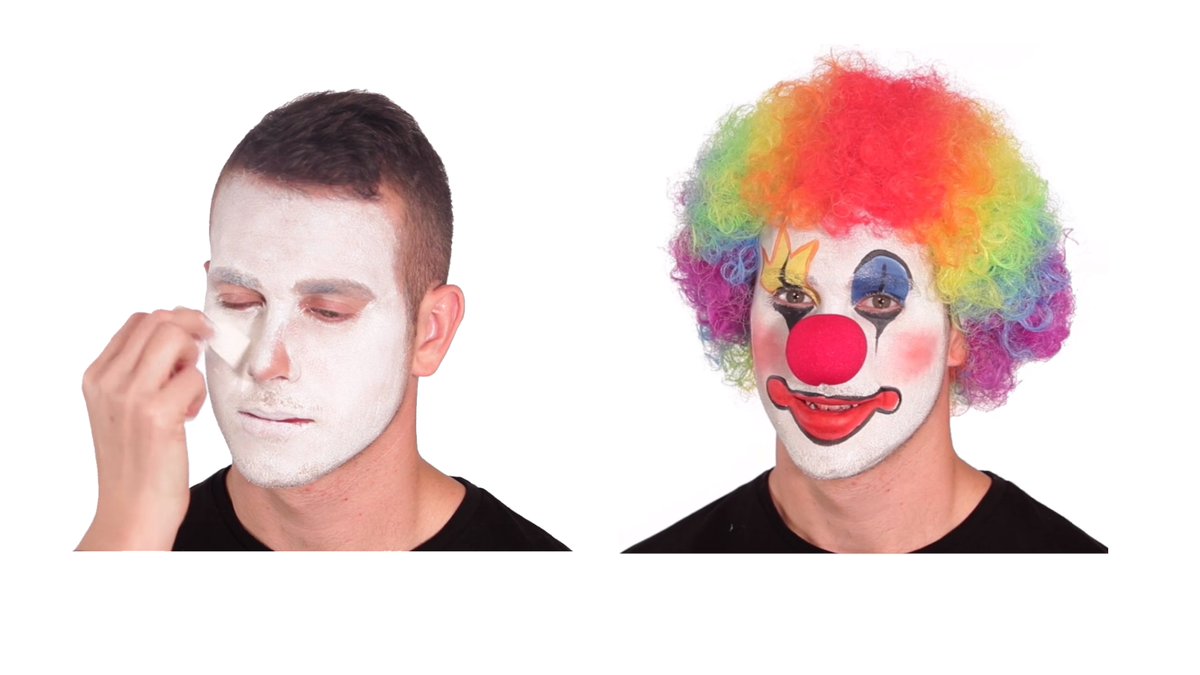 Picture of a man putting on makeup to turn into a clown. 