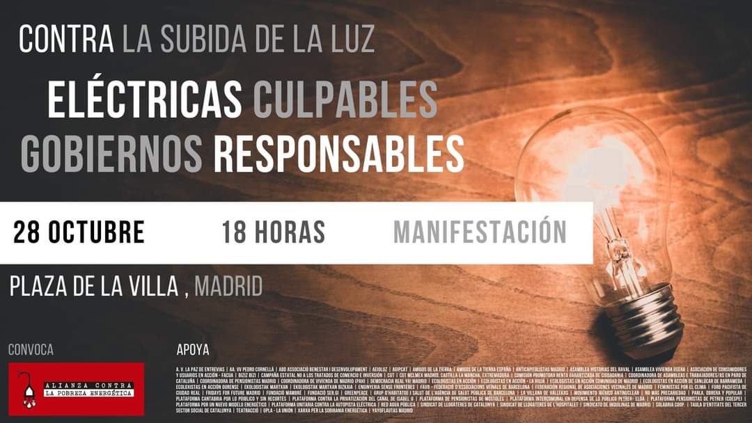 AmigosTierraEsp's tweet photo. Hoy nuestra gente ha estado el la manifestación #28OContraLaSubidaDeLaLuz junto a muchas personas y colectivos para reclamar más soluciones frente al #AtracoEléctrico ✊✌️
¡Eléctricas culpables, Gobiernos responsables! https://t.co/fr2n6ufW0m https://t.co/34Tr82RXfI