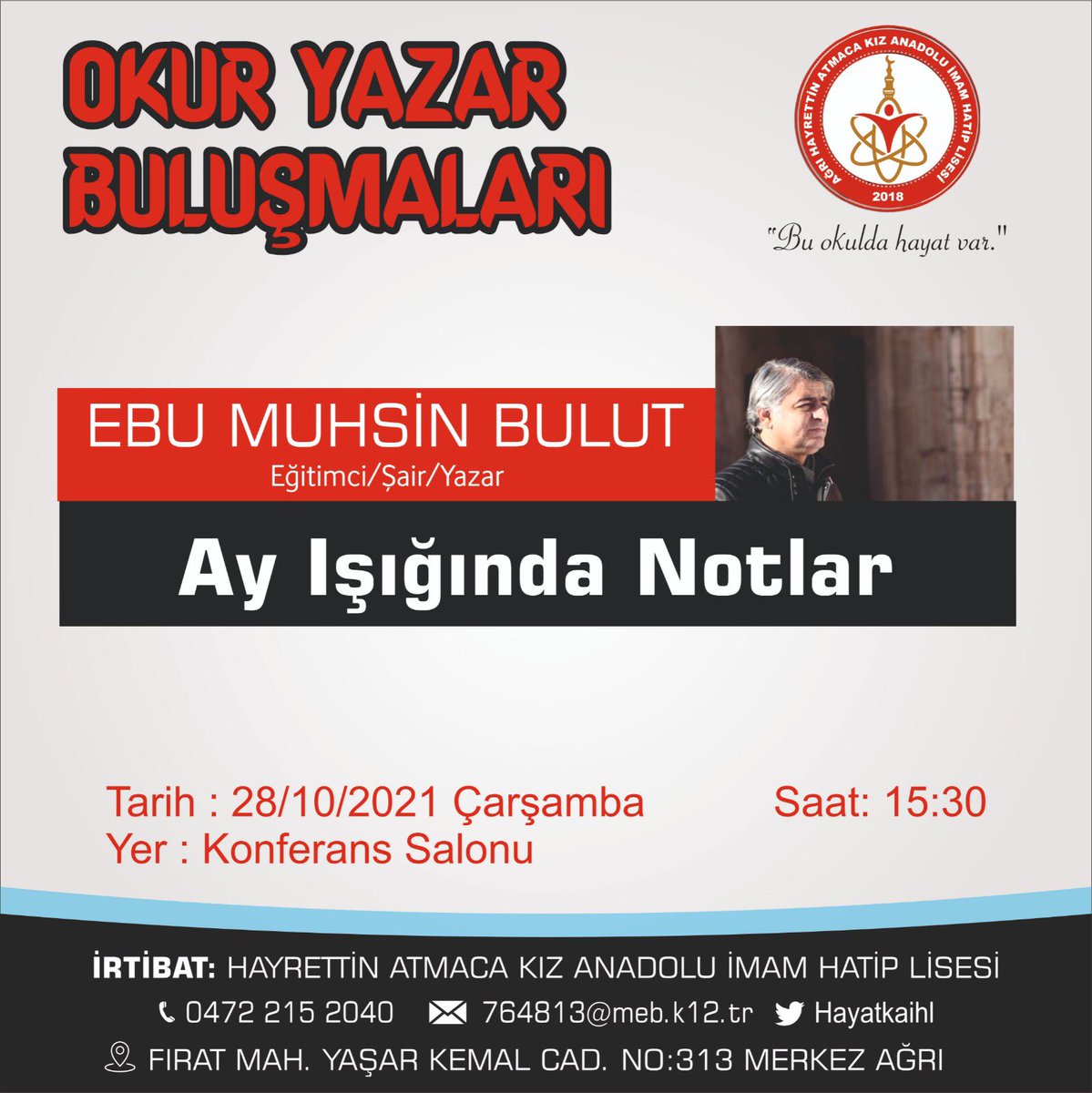bulut_e's tweet photo. Okur-yazar buluşması için Ağrı Hayrettin Atmaca Kız Anadolu İmam Hatip Lisesi öğrencileri ile buluştuk. Yolları, bahtları açık olsun. https://t.co/7ib4WPsthi