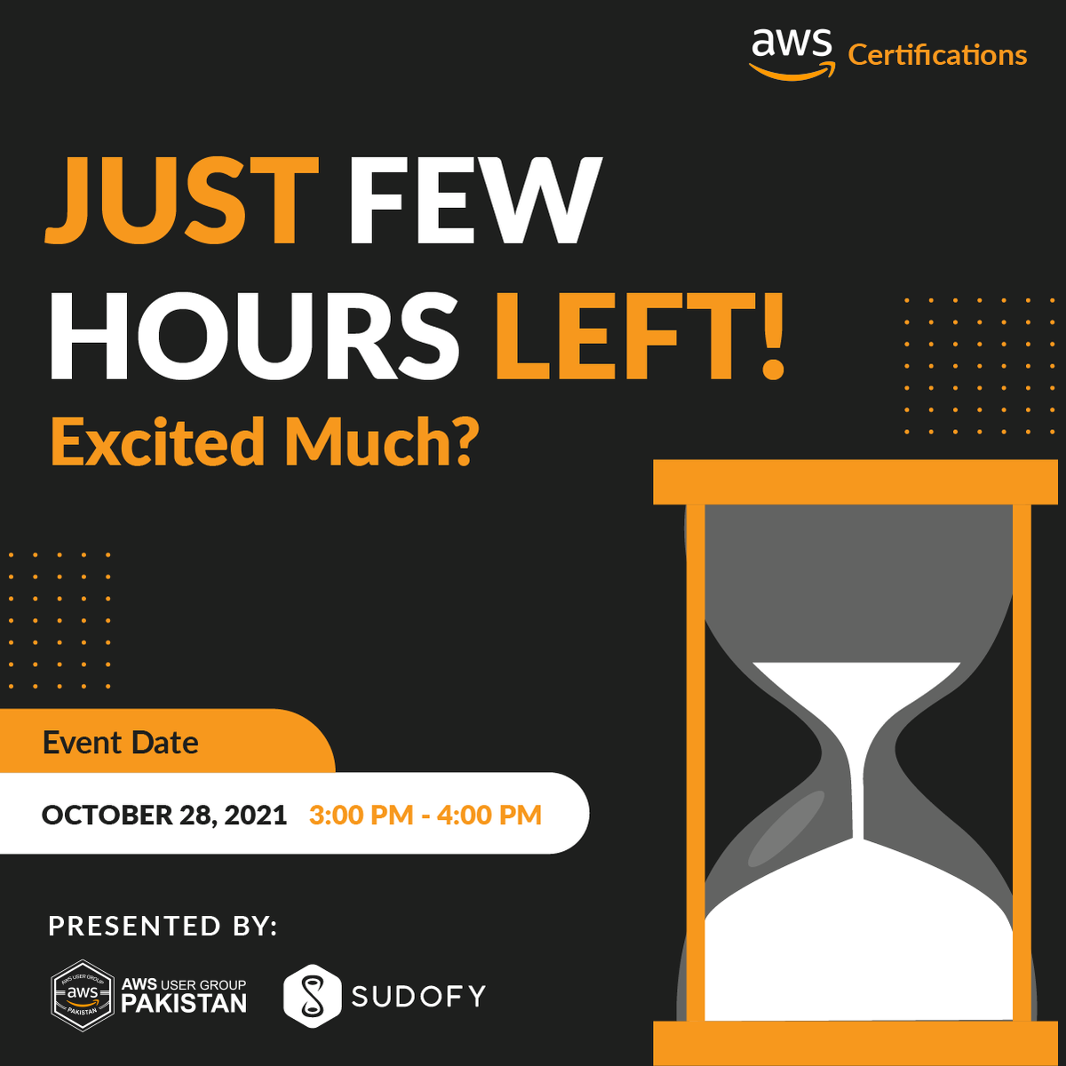awsugpk's tweet photo. With only few hours left, we are surely having an adrenaline rush! We love to see your happy and inquisitive faces. 
Make sure to join us on time and learn things at your maximum capacity. 
See you at 3 PM!
#beginnersguidetoawscertifications #aws #awsusergrouppakistan #cloud https://t.co/YT8YFXc5Lv