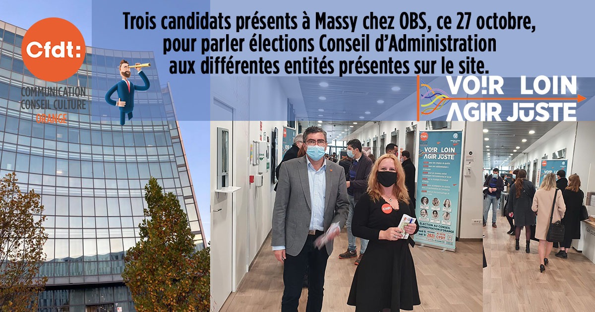 CFDT_Orange's tweet photo. Nos candidats @CFDT_Orange, présents à la Défense le 26 et Massy chez @orangebusiness, ce 27 octobre, pour parler des #élections au Conseil d’Administration avec les salariés des différentes entités présentes sur le site.
#VoirLoinAgirJuste #ElectionsCA #PartoutPourTous https://t.co/cPmP4Turs4