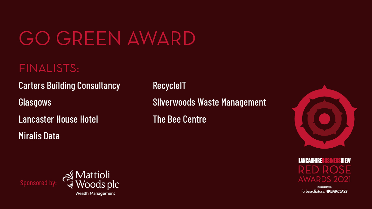 Congratulations to the @redroseawards #GoGreen finalists: @cartersbc @_Glasgows @englishlakes @MiralisData @RecycleIT_Now @SilverwoodsLtd @thebeecentre We look forward to seeing you all on the night. #RRA21