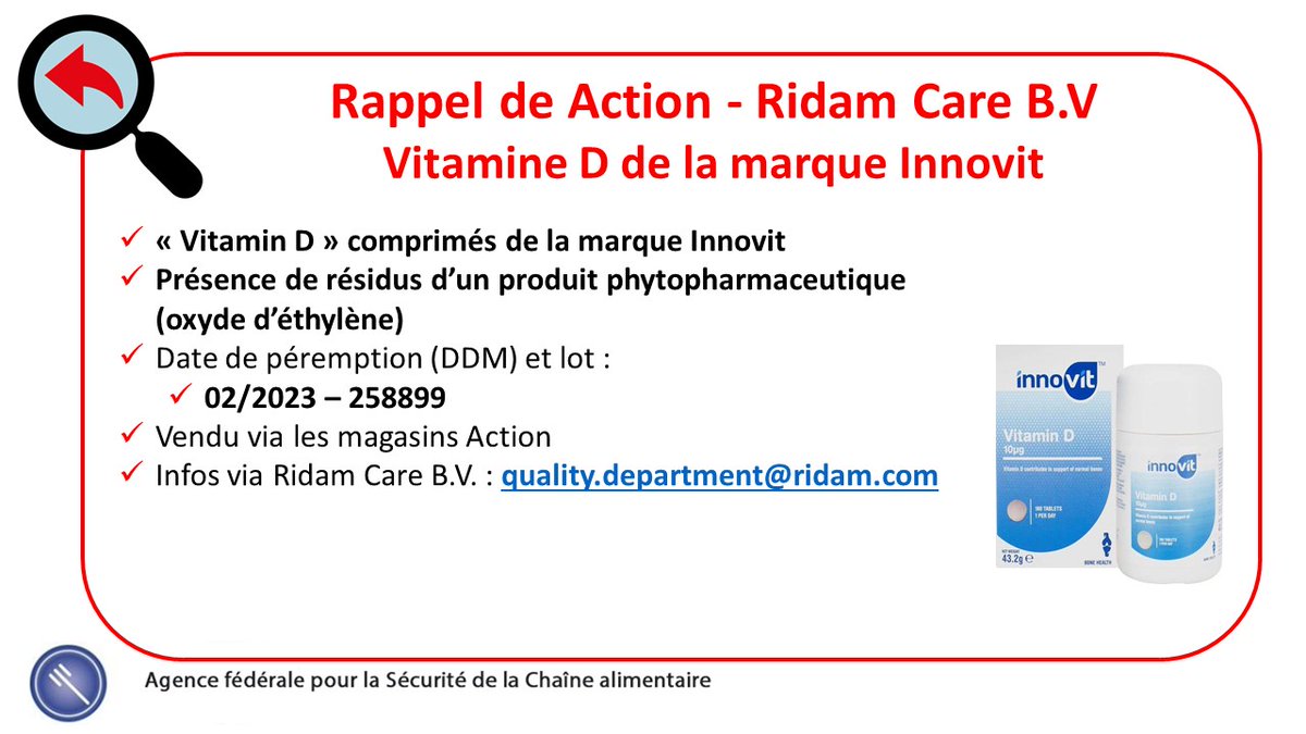 AFSCA's tweet - "#rappeldeproduit : Vitamin D de la marque Innovit, vendu en Belgique via les magasins Action. Les produits en parallèle, de la vente. " - Trendsmap