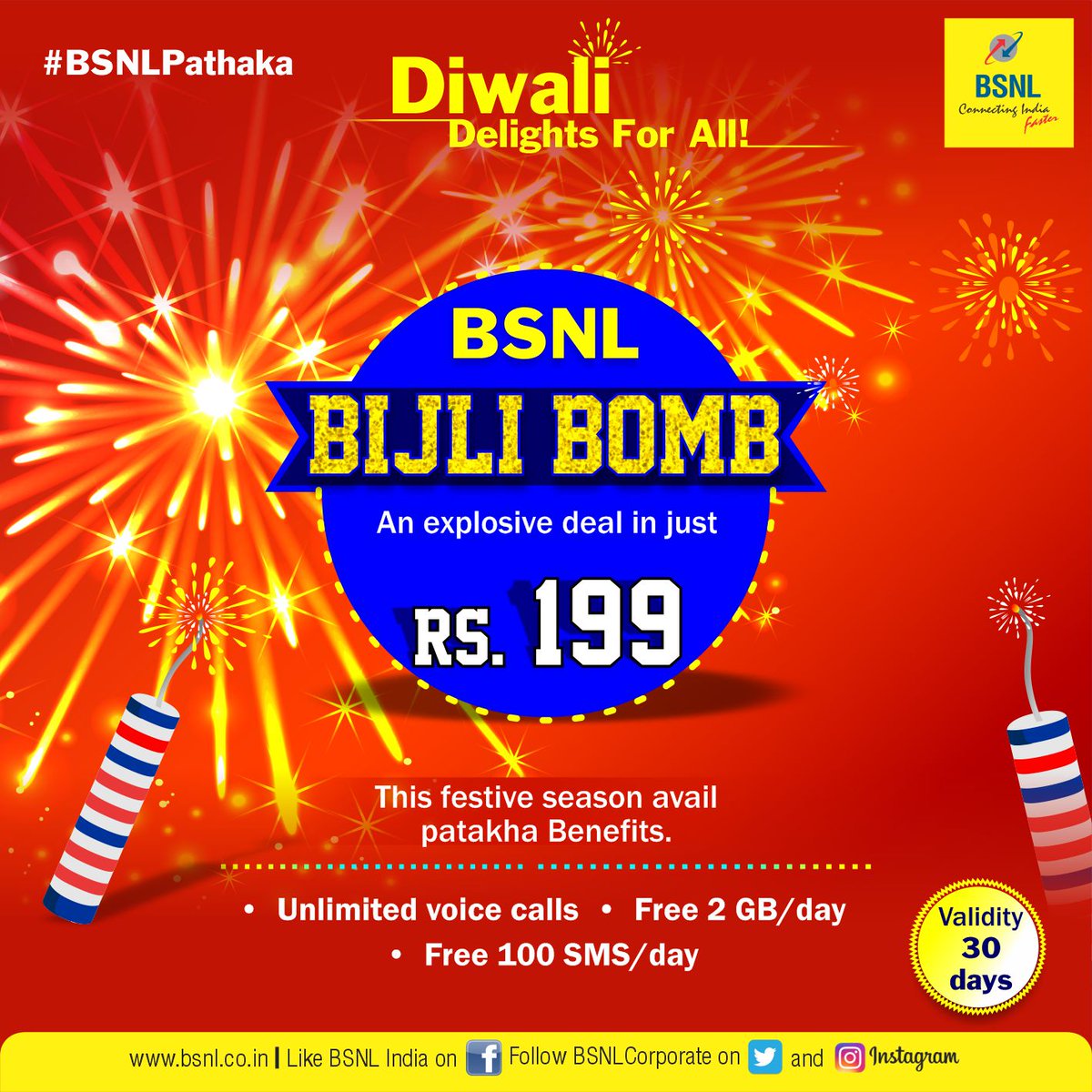 BSNLCorporate's tweet photo. This #Diwali BSNL brings to you an explosive #Deal. Avail this #Pathaka offer and a Happy and Safe Diwali!
#BSNLPathaka #DiwaliOffer #BSNL199 #BSNL https://t.co/oRz7Wv1HZ6