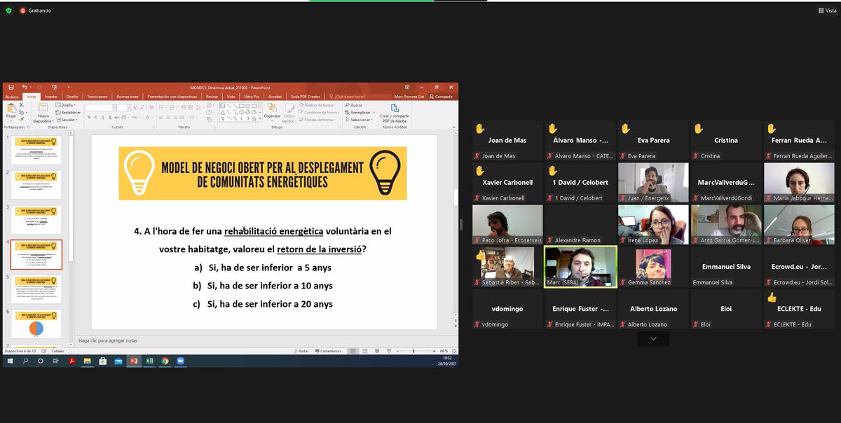 Ecoserveis's tweet photo. @Ecoserveis i @AssociacioSeba, amb la col·laboració de l'@bcn_ajuntament, hem participat a un vídeo-debat d'intercanvi d'opinions i experiències amb els oients de la sessió de presentació del projecte #MONDCE (Model Obert de Negoci pel Desplegament de Comunitats Energètiques). https://t.co/OW9h1IUoCG