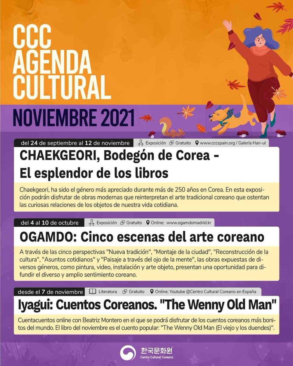 CCCspain's tweet photo. 🍁Agenda cultural #NOVIEMBRE
Más info 👉https://t.co/6WFYgGR21i
#cccspain #centroculturalcoreano #CCC2021 #culturacoreana #10moaniversarioCCC https://t.co/yn5zFumJmp