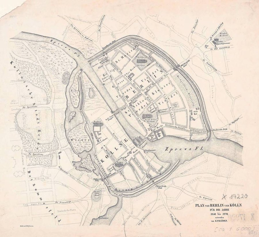 kreuzberged's tweet photo. #OTD 1237 the oldest existing document mentioning Cölln, one of twin cities that became today's #Berlin, was signed.
This 1839 map of 13thC Berlin-Cölln by KF Klöden is a great way of finding your way around even today as all central objects were subtly superimposed #SPKB https://t.co/QuPDrZhpxL