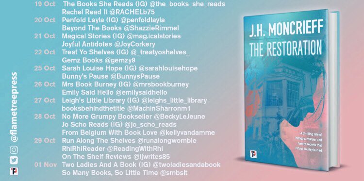 JoanneSchofiel1's tweet image. It’s my stop on the #blogtour for the deliciously creepy #TheRestoration by @JH_Moncrieff which is a haunted house tale like no other! Perfect for the #spookyseason, I couldn’t put it down. 🎃 👻 

Read more here: instagram.com/p/CVjH2NKovzH/…

@RandomTTours @flametreepress
