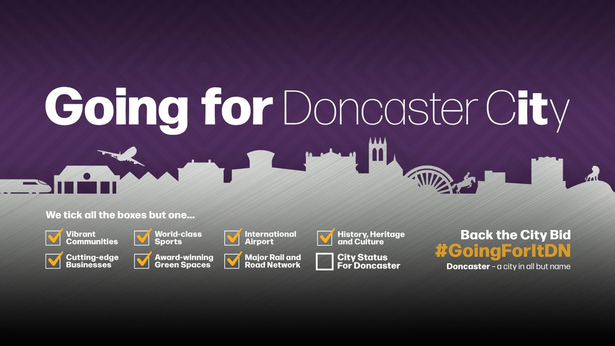 It’s official – we’re going for Doncaster City!

Doncaster today launches its bid to gain city status, and is calling for all communities to show their support through the “Going for City Doncaster” campaign. #GoingForItDN

Read more:business.doncaster-chamber.co.uk/news/details/d…