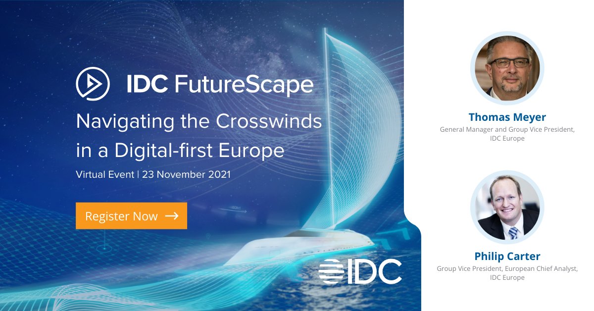 IDC_EMEA's tweet photo. Our European FutureScape will highlight the top 10 predictions to help leaders target their #technology investments to succeed in a digital-first Europe. Join @tomtxt, @carter_pc and team to find it out! 👉 https://t.co/ya3Mpcvgyc
#IDCPredictions2022 https://t.co/1kU06W0xSj