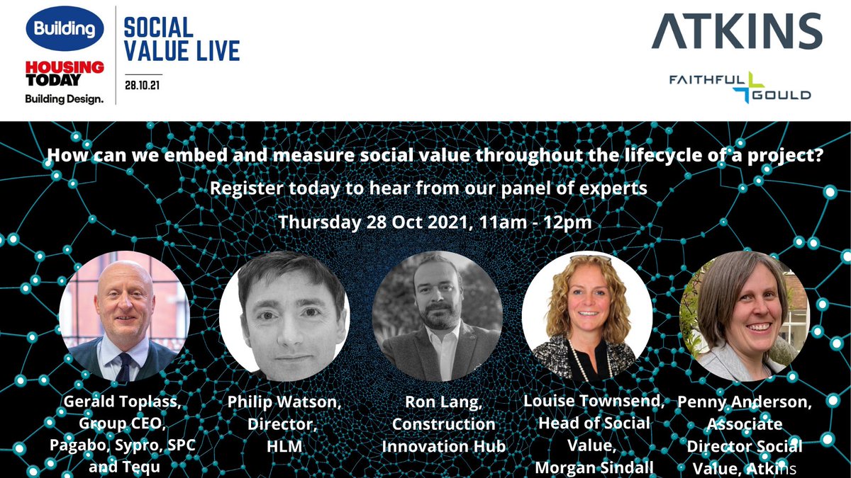 BuildingNews's tweet photo. Join Philip Watson @HLMArchitects, @R_A_Lang @CIH_HUB, Louise Townsend @morgansindallc, Penny Anderson @atkinsglobal & @gtoplass of @Pagabo_, @SyproManagement, #SPC & #Tequ in 1hr to hear how we can embed & measure #socialvalue @atkinsglobal @fgouldconnect https://t.co/T2zGKlkANX https://t.co/K4GwEuEb1j