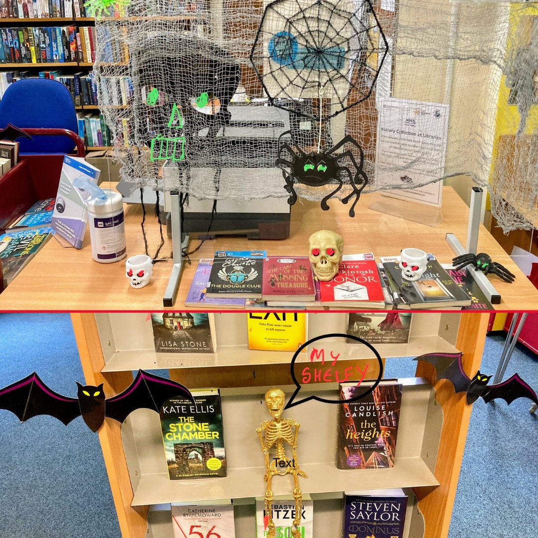 LibFalkirk's tweet image. How ghoulishly great is #Slamannan's #Halloween artwork!? We think it manages to be spooky and welcoming at the same time! 😄 
Pop in for a closer look - as you can see, there's wee spooky touches all through the library. 🎃
#halloweendisplay #libraries #librarydisplay