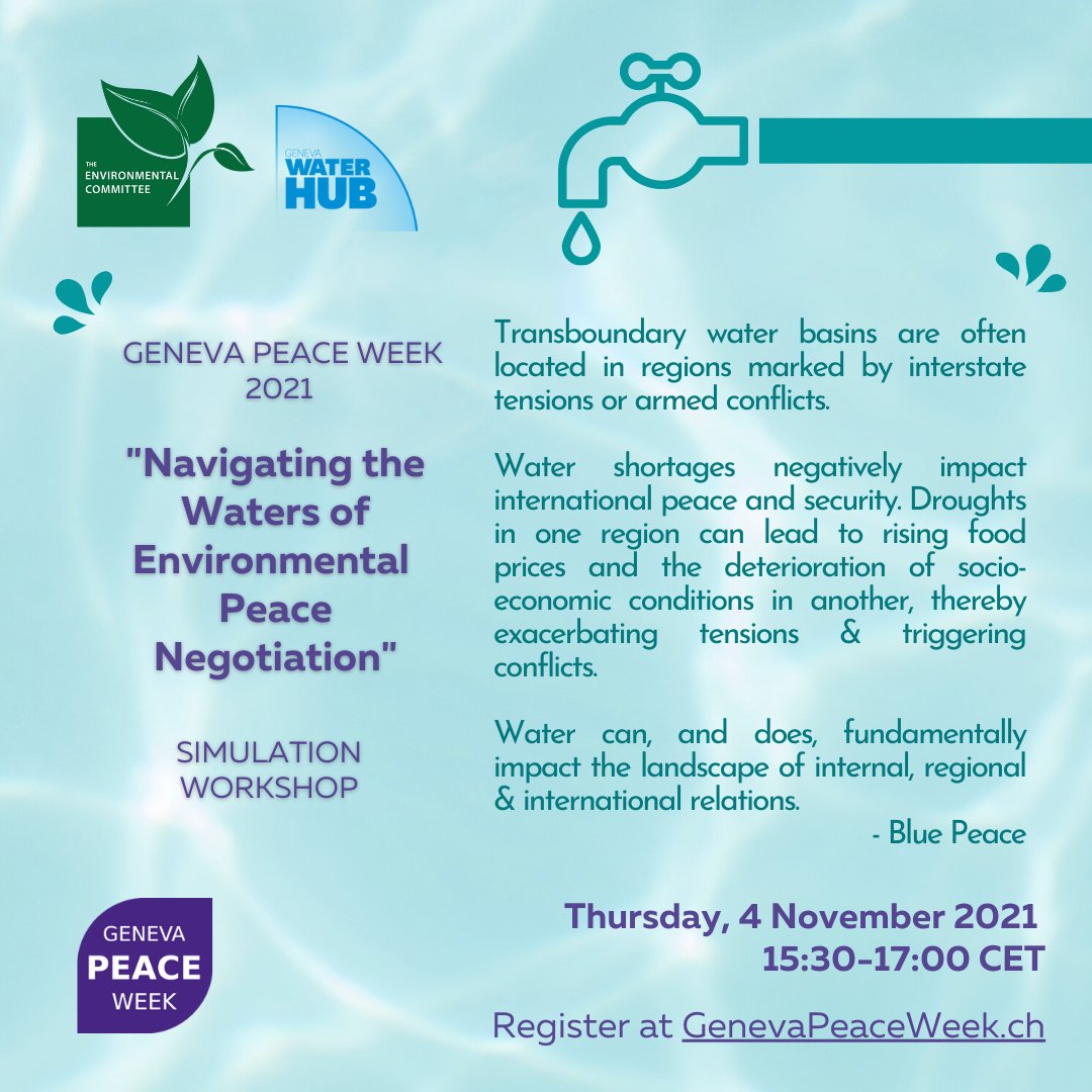 💧 You are invited to participate in our workshop at @GenevaPeaceWeek “Navigating the Waters of Environmental Peace Negotiation” organised w/ <a href="/GenevaWaterHub/">Geneva Water Hub</a> 

🗣 Test your negotiation skills &amp; join us online on Thursday Nov 4th at 15:30 CET!

Register ➡ eu.eventscloud.com/website/3030/