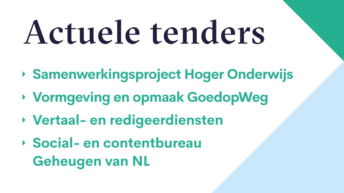 Communicatie #tenderalert! Help:

-<a href="/MinOCW/">Ministerie van Onderwijs, Cultuur en Wetenschap</a> aan een virtueel project bit.ly/3bjMDpw
-<a href="/GemeenteUtrecht/">Gemeente Utrecht</a> aan vormgeving <a href="/GoedopwegNL/">Goedopweg</a> bit.ly/3bhMyCy
-<a href="/tudelft/">TU Delft</a> aan vertaal- en redigeerwerk bit.ly/2ZC6GgG 
-@BeeldenGeluid aan content bit.ly/3mjIIPR