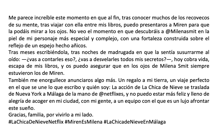 JavierCordura's tweet photo. Me parece increíble este momento en que al fin, tras muchos meses de trabajo con el equipo de @NetflixES para la adaptación de La Chica de Nieve, puedo anunciaros y presentaros a Miren Triggs (@milenasmitm) para que podáis mirarla a los ojos. ⬇️ https://t.co/5EhmDmuajj