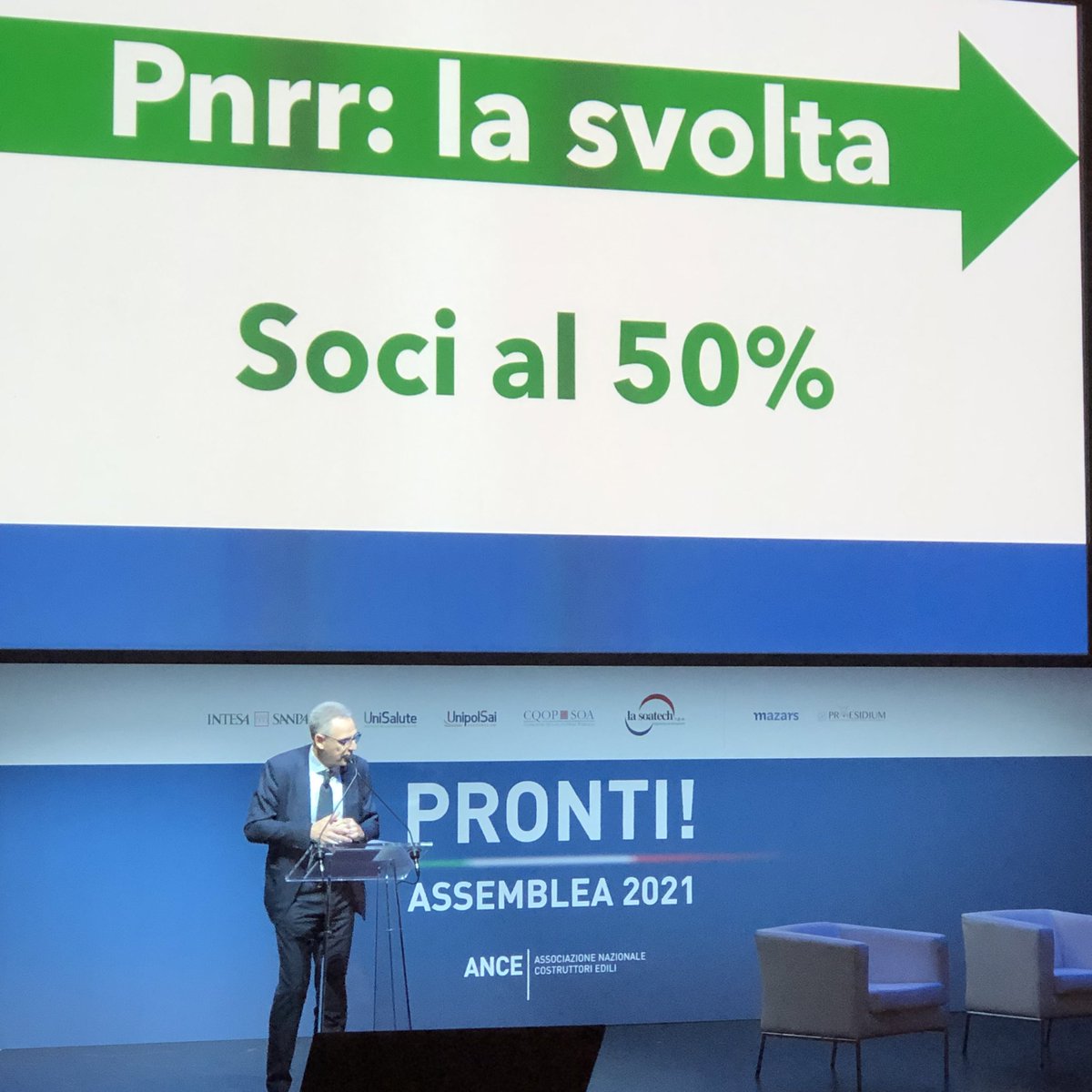 #Pnrr: dei 222 miliardi, 108 impattano sul settore delle #costruzioni. Siamo soci al 50%. 
#AssembleaAnce2021