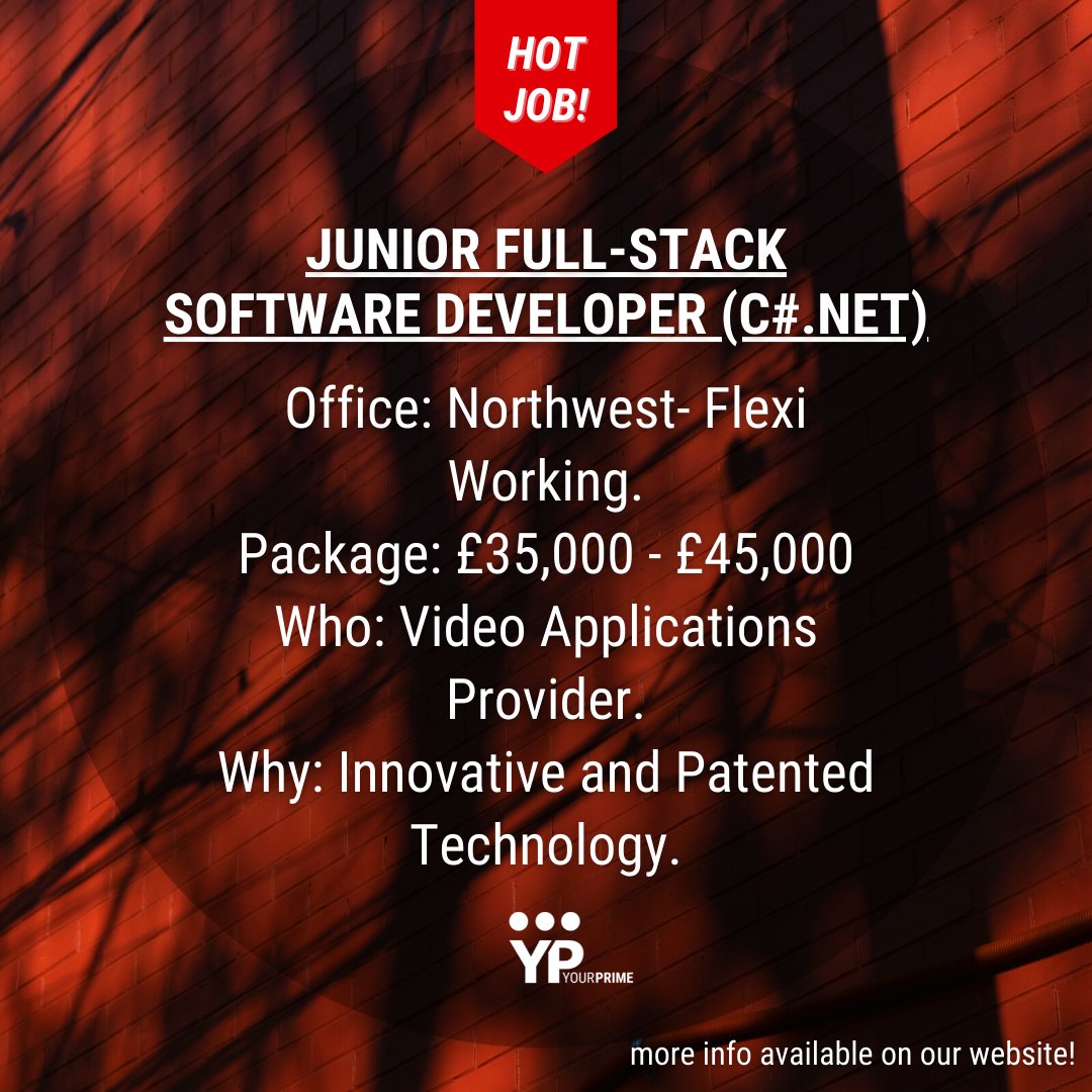 yourprimerec's tweet image. 🥀 Junior Full Stack Software Developer (C#.Net) 🥀
Contact Jack on:
📧 Jack@yourprimerecruitment.com
📞 01615 468034 or 07458160960
#JUNIORFULLSTACKDEVELOPER #SOFTWAREDEVELOPER #NORTHWESTJOBS #FLEXIBLEWORKING