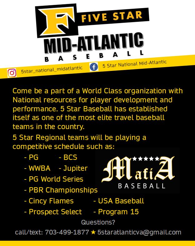5StarNationalMA's tweet photo. 2022 tryouts for 5 Star National Mid-Atlantic locations, Stafford/Fauquier VA, Fairfax VA, Elkton MD, Prince George's MD, Baltimore MD, Millsboro DE. Over 4300 collegiate scholarships offered and over 100 MLB drafted players,  Call/Text/Email for more information set up workouts https://t.co/gcLgsl3dbq