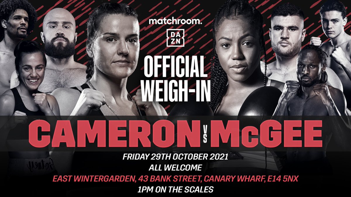 ⚖️ Join us tomorrow at East Wintergarden, Canary Wharf, E14 5NX for the weigh-in 💪

⏰ 1pm on the scales

#CameronMcGee