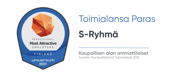 Olemme yksi Suomen houkuttelevimmista kaupan alan työpaikoista!🥳

Kaupallisen alan ammattilaiset valitsivat S-ryhmän Suomen 5. ihanteellisimmaksi työnantajaksi Universumin tutkimuksessa. Olimme myös toimialamme parhaita! Kiitos upeasta tunnustuksesta.💚
 lnkd.in/dTSF7ekc