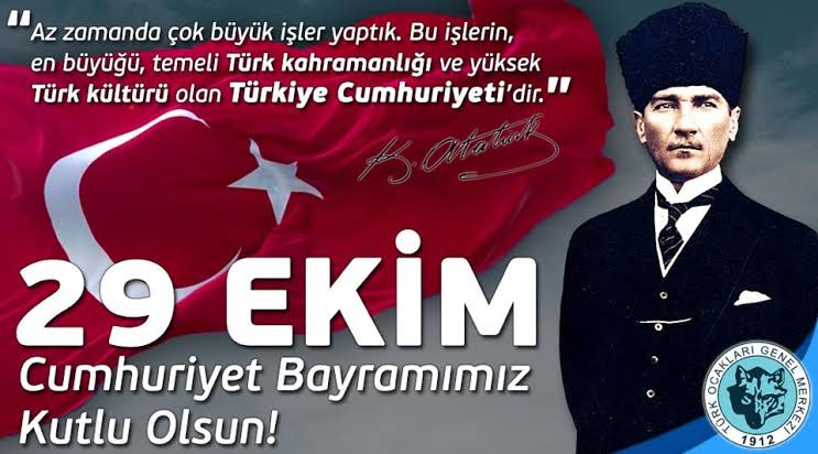 Türkiye Cumhuriyeti'nin 98. Yıldönümü kutlu olsun.
Cumhuriyetimizin kurucusu Gazi Mustafa Kemal Atatürk'ü ve Millî Mücadele kahramanlarını saygı ve rahmetle anıyoruz. 
Devletimizin ebed-müddet olduğu bilincine sahip nesillerle Türkiye Cumhuriyeti ilelebed payidar olacaktır.