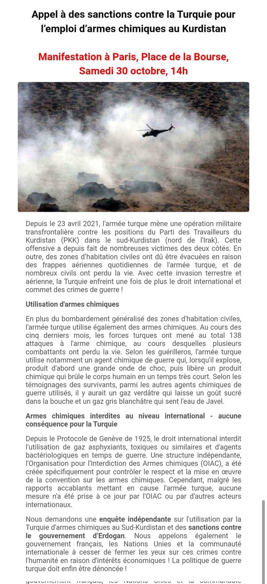Dps plus de 6 mois, la Turquie utilise systématiquemt des armes chimiques dans ses opérat° transfrontalières au Sud-Kurdistan, ceci dans le plus grand silence des médias et des institut° internationales.
Pour briser ce silence criminel,
📌RDV samedi 14h, Paris-Place de la Bourse