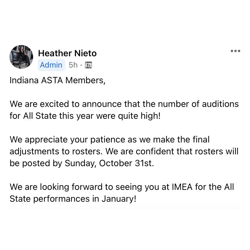 IndianaASTA's tweet image. Hello INASTA Members,

Please see the statement below regarding All State rosters 🎵
#MusicEducation #Orchestra