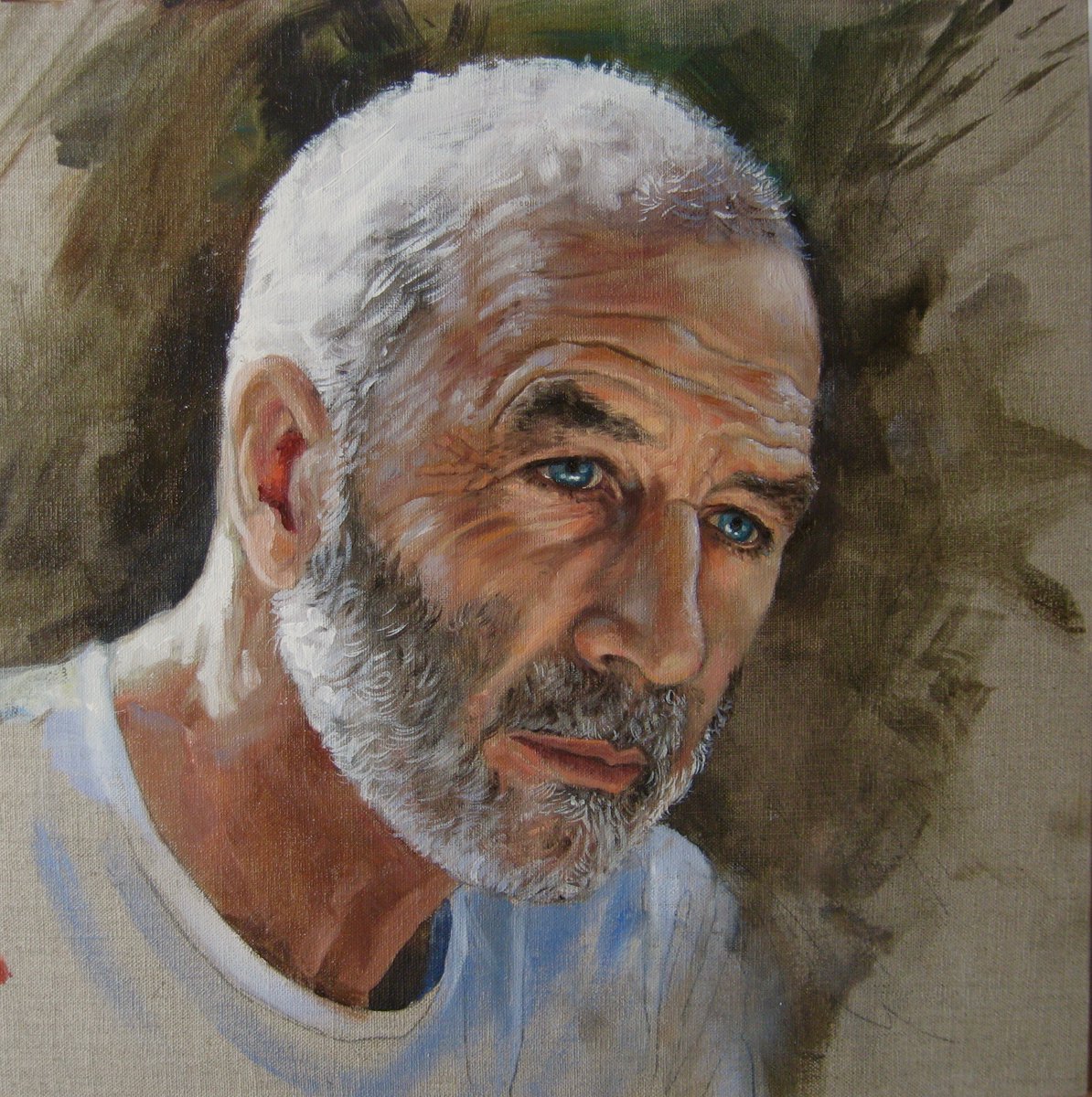 Yesterday I painted more detail on my portrait of Colin He looks a little sad , but is actually a relaxed endorphin induced daze after playing football.😂  I took a shot of the sunlight reflecting back off the table and lighting up his face ...😃 #portraitpainting #oilpainting