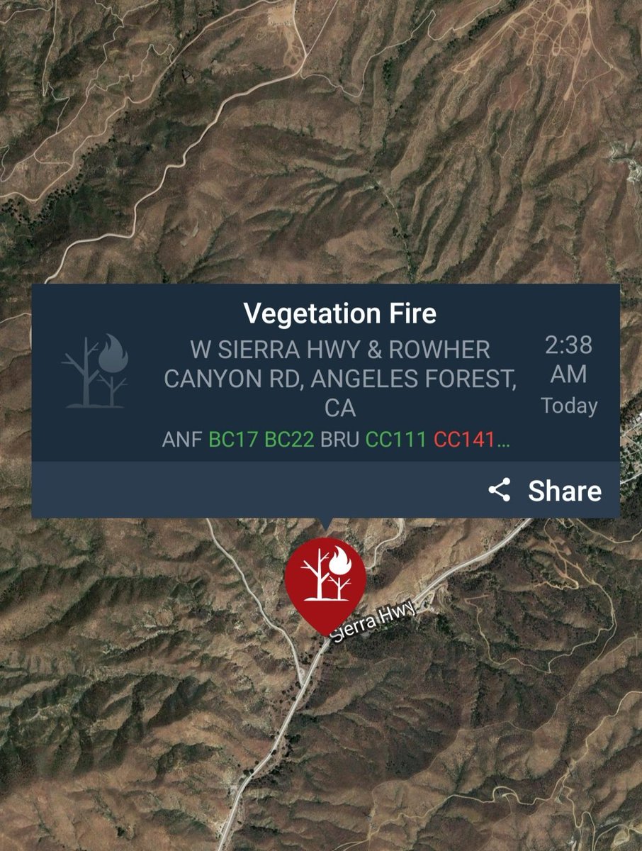 ChicagoMikeSD's tweet photo. New start, vegetation fire.
Location: W. Sierra Hwy & Rowher Canyon rd, Angeles Forest, Ca
1 acre, running uphill, light to medium fuels. This the #RowherFire
#LosAngelesCounty https://t.co/le41Yu68fB