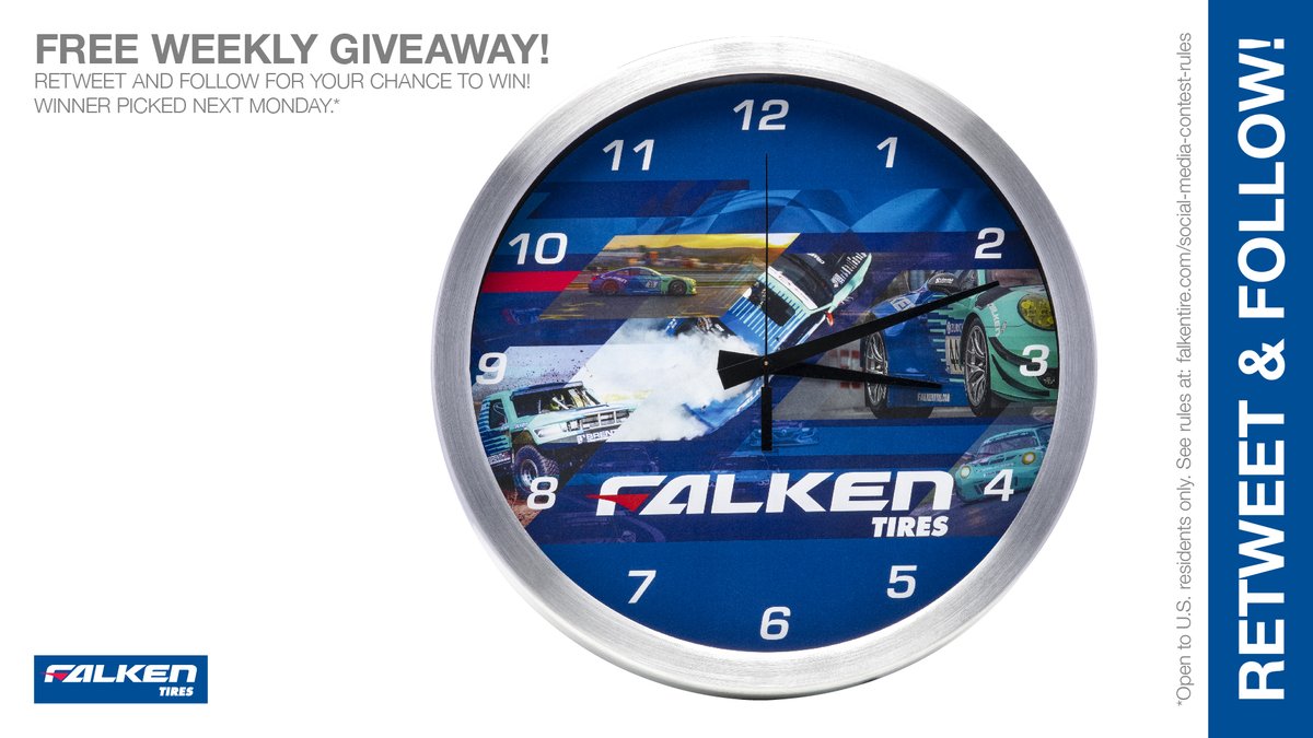 FalkenTire's tweet photo. #Win this #Free Falken custom Clock #giveaway! RT &amp; follow #FalkenTire to enter to #win this weekly #giveaway #contest #prize or other #swag! Rules: https://t.co/hZgWAdAaQW Day 4 https://t.co/4LJNkqPlNq