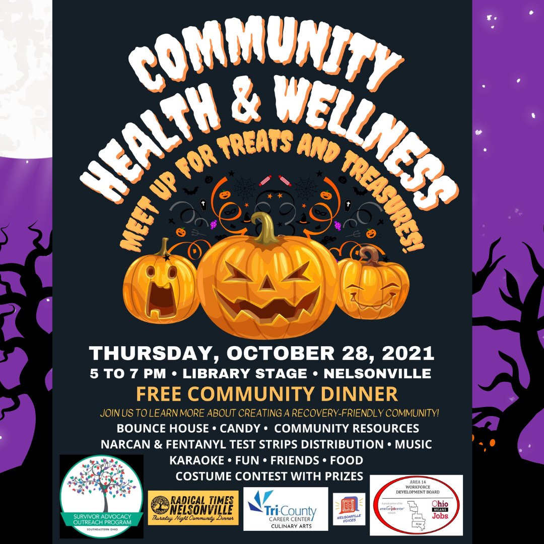 SAOPseoh's tweet photo. Thursday evening a number of our local community champions helped put this amazing event together for those in recovery!

DJ, Bounce House, Candy, Karaoke and a costume contest where you could win $100 

See you at the library stage by the Nelsonville Library!

Let's get Spooky! https://t.co/9VSBFvi8O3