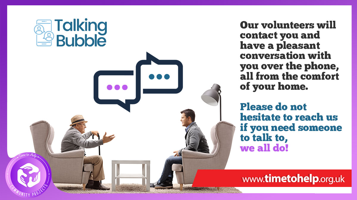 TimetoHelpUK's tweet photo. Feeling Lonely? Our lovely volunteers are here to talk with you! It is simple, call us, and one of our trained, friendly volunteers will have a conversation with you on the phone. #TalkingBubble https://t.co/aP1UwcnpJG