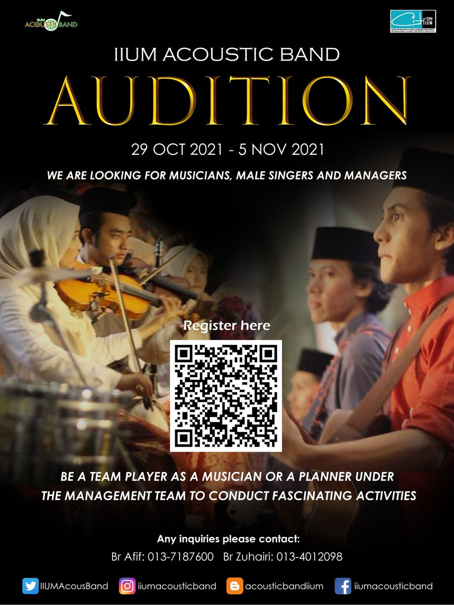 IIUMAcousBand's tweet photo. *[IIUM ACOUSTIC BAND AUDITION]*
"Outburst of the soul, uphold the tradition"

We are back in action now with the most anticipated event!
Have you been waiting to showcase your talent? 
Well it's time to stop the waiting and join us! https://t.co/2qr4mBr82I