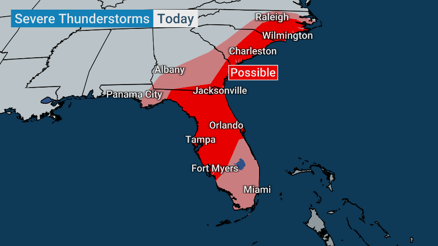 Damaging wind and a few tornadoes possible in storms across the FL peninsula this afternoon/eve. Severe storms more likely this evening/tonight for the eastern Carolinas.