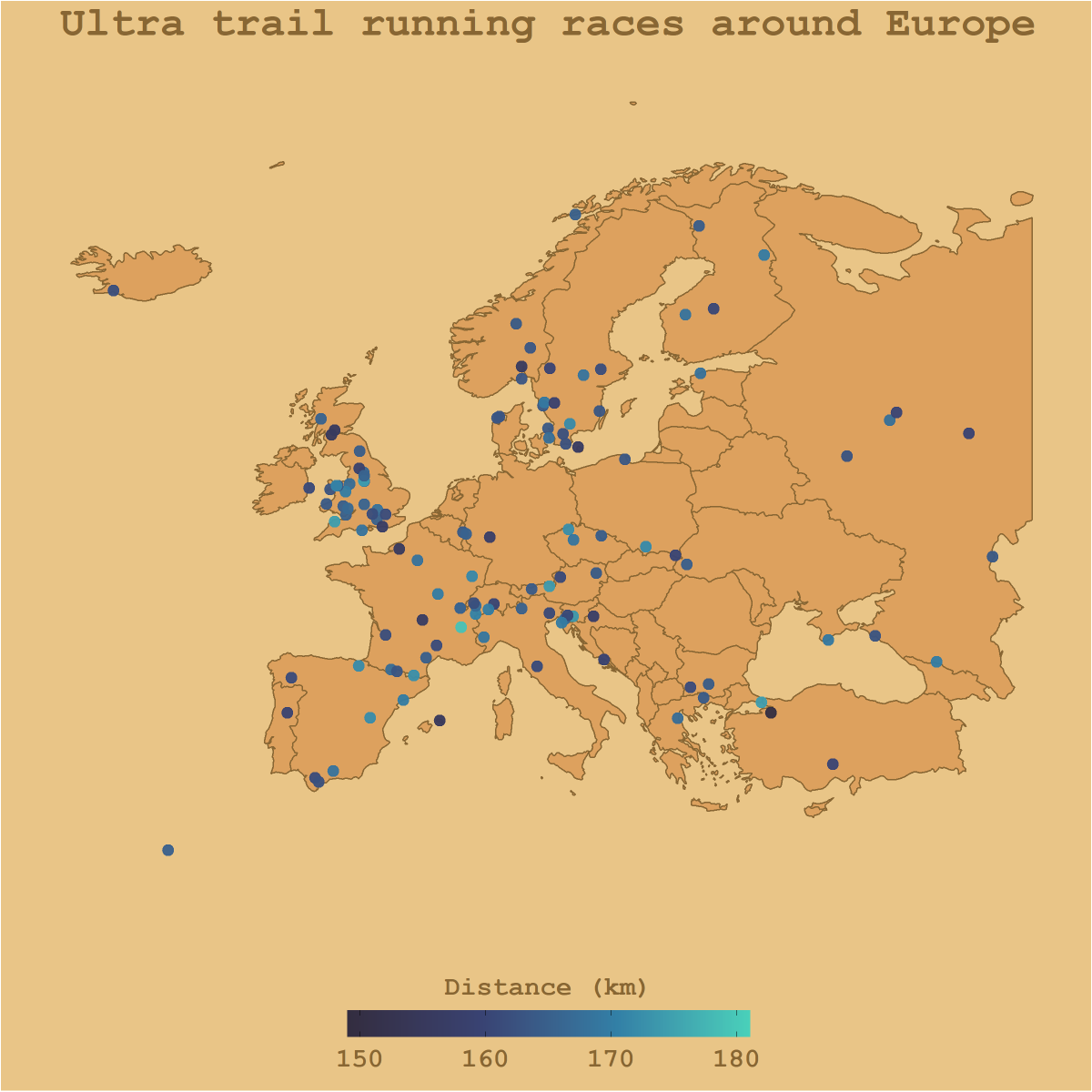 TomMSinc's tweet photo. Needed to learn GIS in R so I brushed up my skills with my first ever #TidyTuesday 

Here I visualised ultra trail running races across the globe by distance

Code: https://t.co/TVnxBeaF62

Data: https://t.co/jjtgG8SYgj

#RStats #DataViz #DataScience #tidyverse https://t.co/m2jOgXg0ls