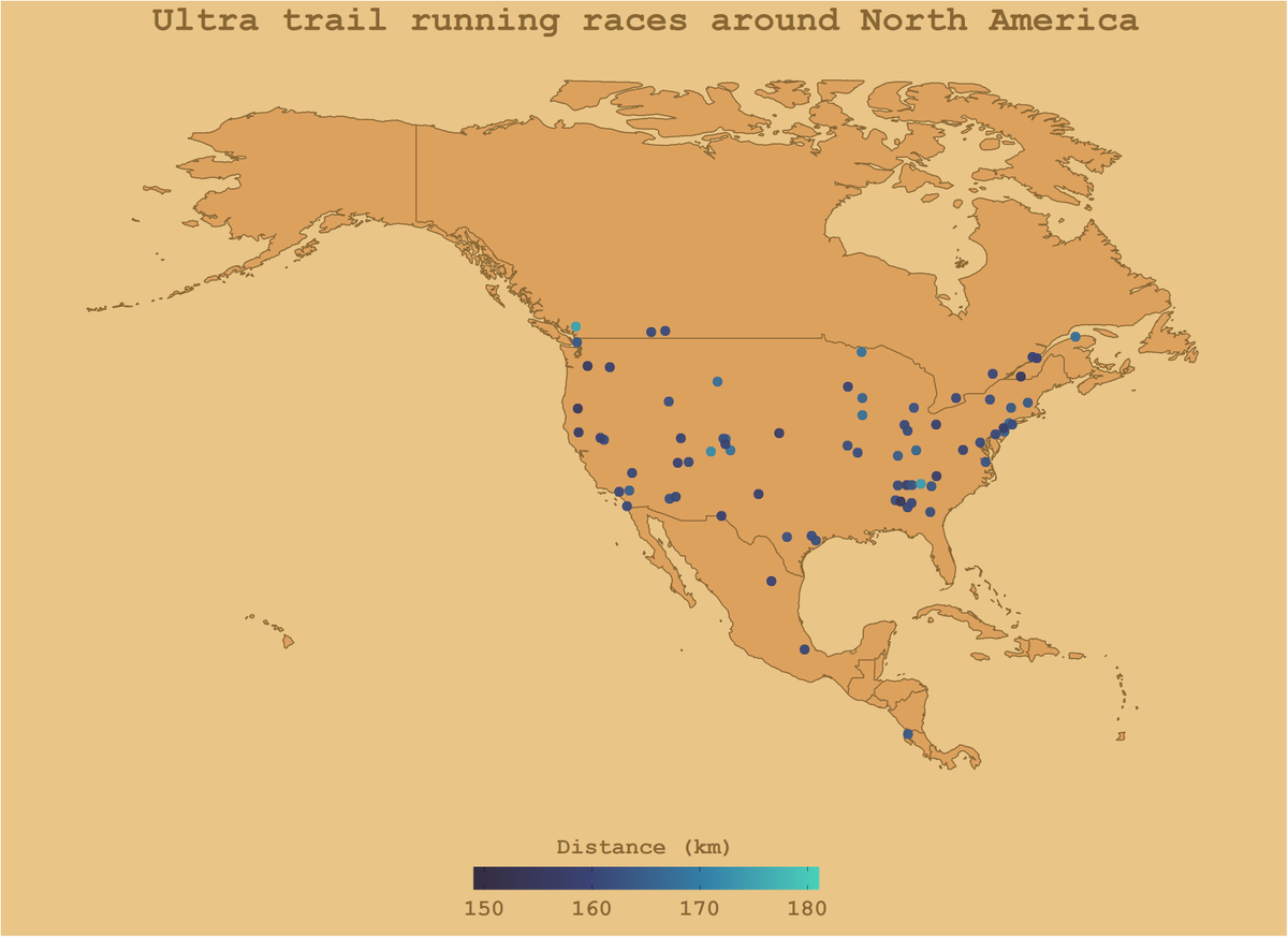 TomMSinc's tweet photo. Needed to learn GIS in R so I brushed up my skills with my first ever #TidyTuesday 

Here I visualised ultra trail running races across the globe by distance

Code: https://t.co/TVnxBeaF62

Data: https://t.co/jjtgG8SYgj

#RStats #DataViz #DataScience #tidyverse https://t.co/m2jOgXg0ls