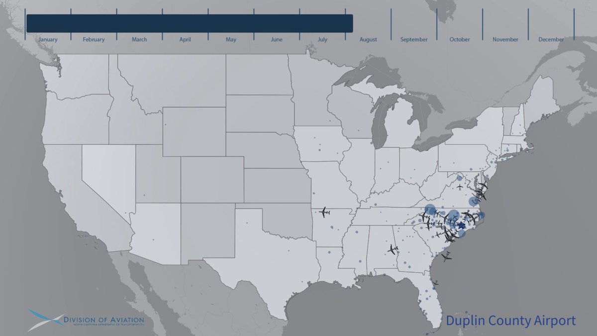 ITRE_NCSU's tweet photo. ITRE created an animated #aviation visualization to demonstrate seasonal impacts and monthly changes for #flights at airports.
Click here to see how data visualizations help tell the story of #Duplin County Airport: https://t.co/C1VCzSCn4l
#itreNCSU #transportation #animation https://t.co/cWigXnVXCt
