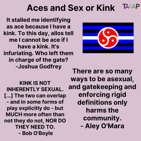 Text: Aces and Sex or Kink

It stalled me identifying as ace because I have a kink. To this day, allos tell me I cannot be ace if I have a kink. It's infuriating. Who left them in charge of the gate? -Joshua Godfrey

KINK IS NOT INHERENTLY SEXUAL. [...] The two can overlap - and in some forms of play explicitly do - but MUCH more often than not they do not, NOR DO THEY NEED TO. - Bob O'Boyle

There are so many ways to be asexual, and gatekeeping and enforcing rigid definitions only harms the community. - Aley O'Mara

Picture: The BDSM flag