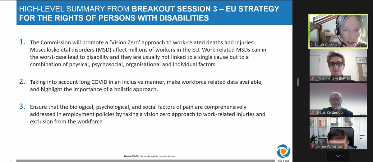 SIP_PainPolicy's tweet image. .@CopseySarah Project Manager at @EU_OSHA
 shares the recommendations from the breakout session “Implementing @EU_Commission
 Health and Safety Strategic Framework 2021-2027 👇
#WorkplaceIntegration