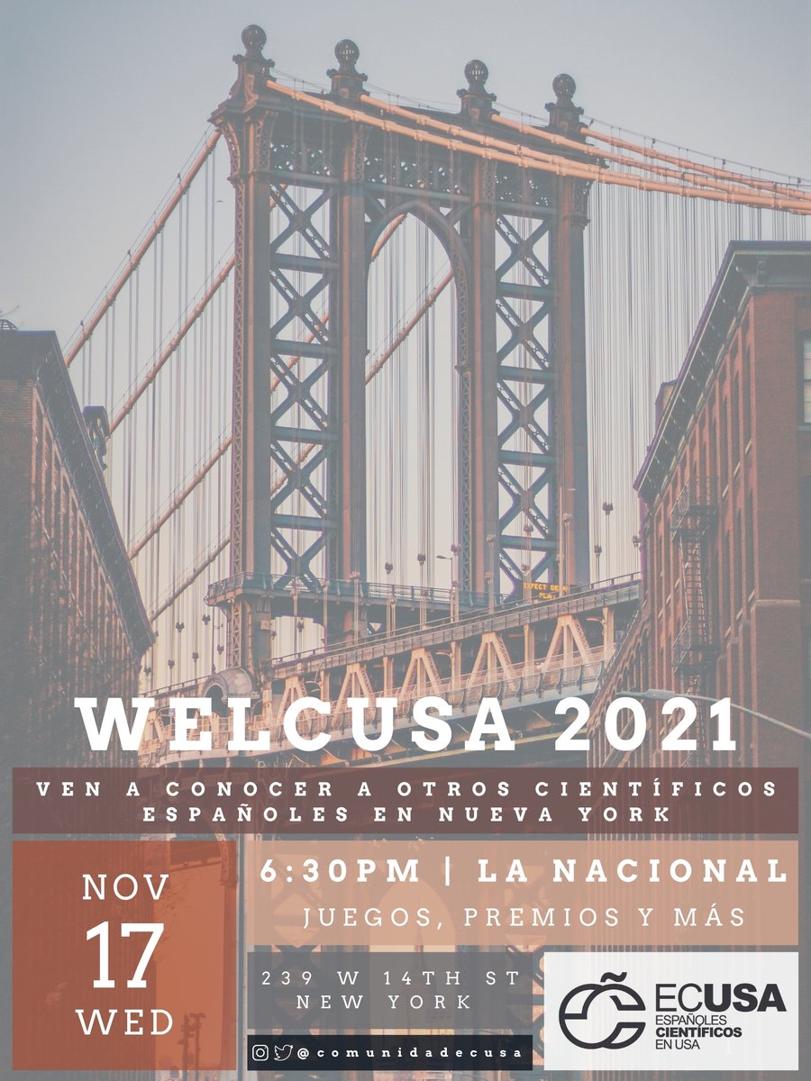 ¿Eres científica/o y vives en #NYC?
Acércate a este evento de bienvenida #WELCUSA para conocer gente nueva e informarte sobre los proyectos que ECUSA lleva a cabo.
📅17 de Noviembre
🕡6:30 PM (EDT)
📍La Nacional 239 W 14th St Fl. 1, New York
ℹ️☑️Registro▶️ecusa.es/welcusa-2021-n…