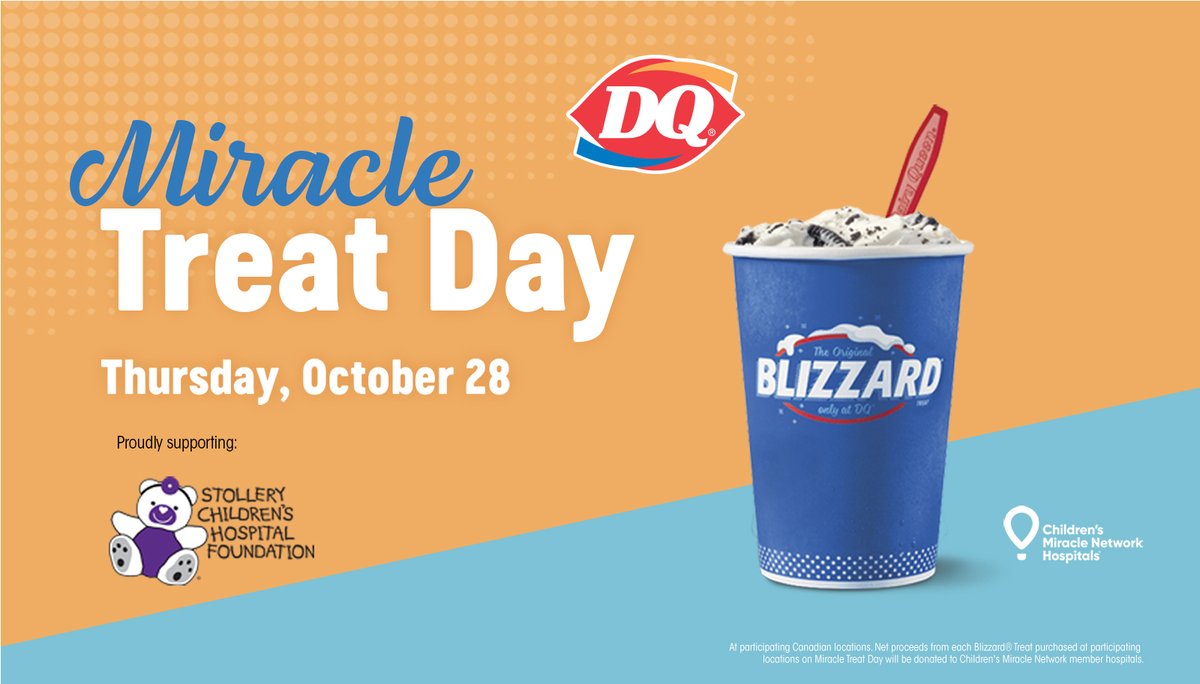 Today is Miracle Treat Day! 

When you buy a Blizzard from participating northern #Alberta Dairy Queen locations, 100% of proceeds go to the Stollery Children's Hospital.

Get out and support <a href="/StolleryKids/">Stollery Kids</a>!

Learn more: bit.ly/2HISR14

#yeg #abhealth #MiracleTreatDay
