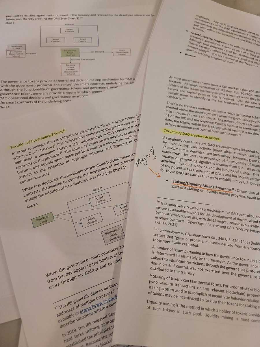 Today's DAO studies include:

• Taxation of Governance Tokens
• Staking/Liquidity Mining Programs
• Taxation of DAO Treasury Activities
• Entity Formation &amp; Operational Issues

Doesn't get any better than a reassement of Domestic Entity Structuring on #DAOs 😳

#DeFi