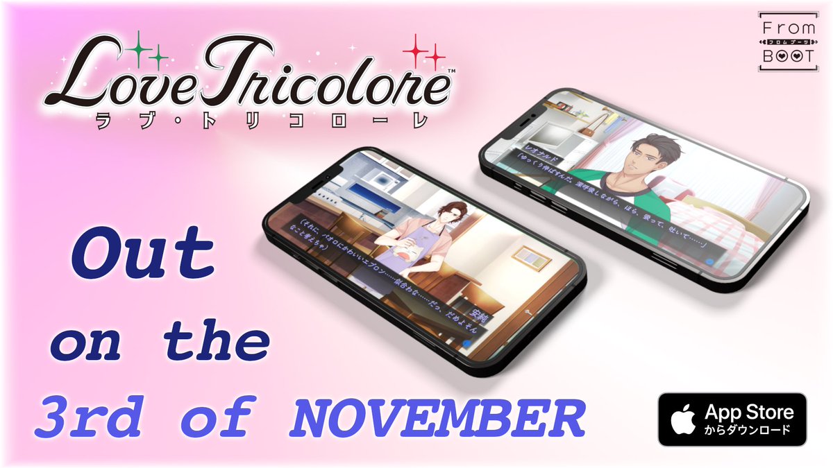 FromBOOT_eu's tweet photo. ❤️Love Tricolore🇮🇹 is OUT on the 3rd of November! 🇯🇵
The app will be available on iPhone and iPad with a single transaction: NO in-app purchases &amp; NO in-app ads.
#indie #VisualNovel #IndieGameDev #VN #IndieDev #otomegames #OtomeApp #GameDev #Tricolore #otoge #otome #VNDev #VNJam https://t.co/pPe6U9VU4r