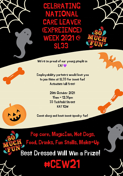 EastAyrshire's tweet photo. It's time to celebrate! Titchfield Street’s Skills and Employability Hub (SL33) and partners are celebrating #CEW21 by inviting young people to join them for some spooky fun. This event is aimed at young people who have left/are leaving school and/or young parents 😀 https://t.co/6yBheK4sGI