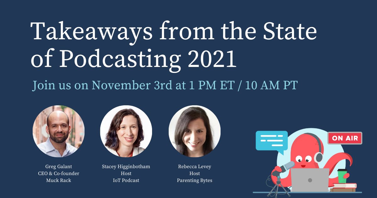muckrack's tweet photo. On Wednesday, 11/3 at 1PM ET, join @muckrack CEO @gregory, Parenting Bytes host @beccasara and IoT Podcast host @gigastacey for a live webinar analyzing findings from our 2021 #StateofPodcasting report. 

See the report + register here: https://t.co/AeGu6SF1Ll https://t.co/3PyYb08EDt