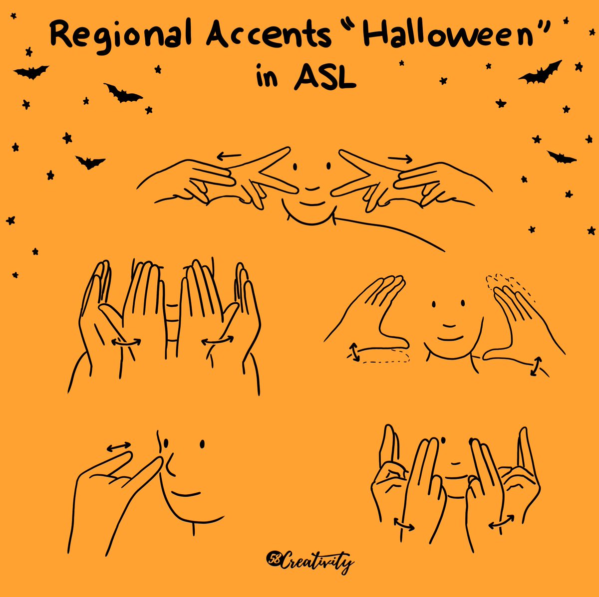 britcastle's tweet photo. Regional Accents "Halloween" in ASL
See different signs access the country. There are more accent signs than just 5 Halloween signs on this post. Let me know if you know other signs that I can make other illustrations post. https://t.co/VzqhbJsCcJ