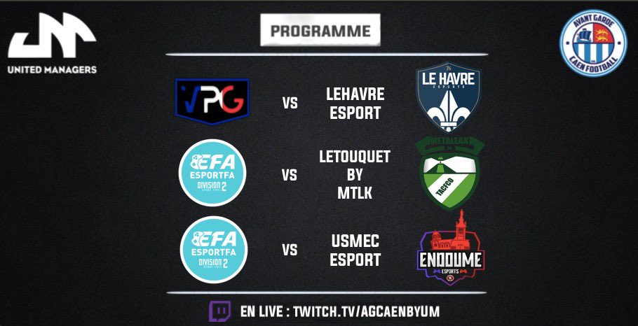 UM_eFoot's tweet photo. Programme session :
L1 @VPGFrance_
⏱️ 22h00
🆚 @LHeFootPS4 

D2 @eSportFA_FR 
⏱️ 22h20
🆚 @TACFCOesport 
-
⏱️ 22h40
🆚 @usmec_efoot 

GL à tous 🤝

#ESPORTFA22 @UM_eFoot https://t.co/Rfr3QtsCjV