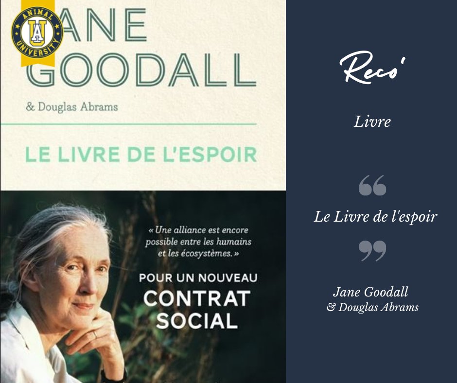 AnimalUniv's tweet photo. Notre #recommandation de #livre ! 
un peu d'espoir pour faire rayonner nos vacances 😊

#animaluniversity #centredeformation 
#recommendation #mondeanimal #janegoodall #douglasabrams #primatologue #grandssinges #lelivredelespoir https://t.co/N9BIDo9kh6