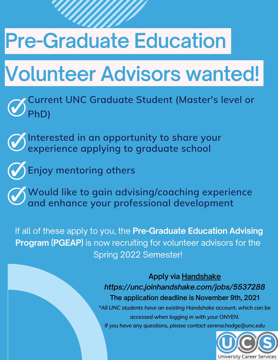 uncucs's tweet photo. The Pre-Graduate Education Advising Program is recruiting new volunteer advisors for the Spring 2022 semester! As an advisor, you will gain unique mentoring and administrative experience that will enhance your professional development.
Apply here: https://t.co/tlDliItlWY https://t.co/S7YmcCleM2