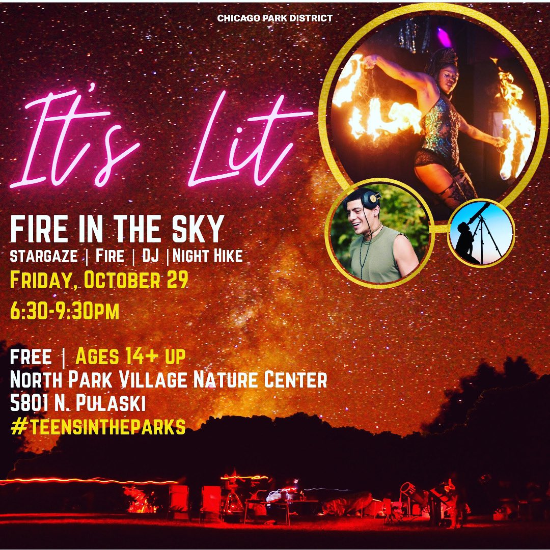 TeensInThePark's tweet photo. Spend your night stargazing with fire-throwers listening to chill beats! See you at North Park Village Nature Center, tomorrow, Oct. 29 at 6:30 pm. For details &amp; to register, visit https://t.co/MX8tK7aF00 Supported by https://t.co/sVmyfVUUIy’s #MoveYourWay campaign #getyour60 https://t.co/UpCBvDN0iX
